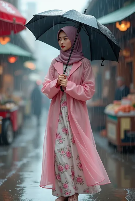 "High resolution, photorealistic 3D rendered image of beautiful Korean actress Kim Jisoo, wearing a pink pashmina hijab paired with a floral Muslim dress, covered with a transparent pink raincoat. She is also wearing jogging shoes and holding a black UV um...