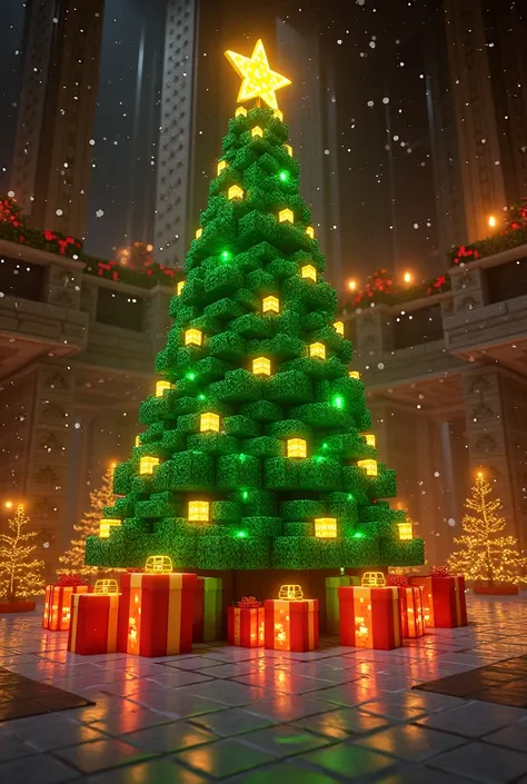 Minecraft Christmas tree in a grand hall, masterfully built with glowing blocks and redstone lamps, festive, magical, enchanting, surrounded by wrapped presents and falling snow particles, creating a cozy holiday atmosphere, photorealistic gaming style, il...