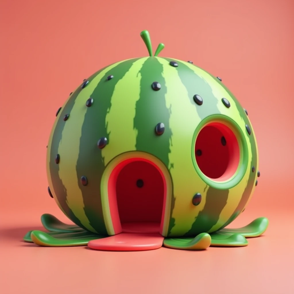 "A 3D-rendered house designed to look like a watermelon. The house has a rounded, semi-spherical shape resembling the exterior of a watermelon, with a green striped rind on the outside. The entrance is carved out in the shape of a slice, revealing a red in...