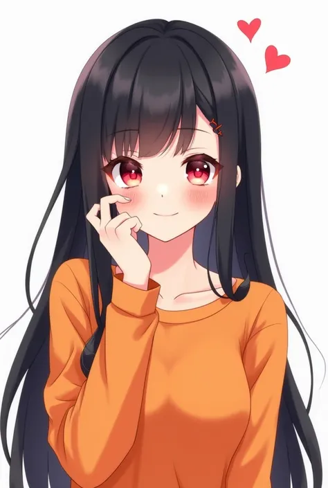 a female character has a pretty face and long hair, wearing an orange shirt, 1girl, solo, black hair, heart, long hair, symbol-shaped pupils, white background, looking at viewer, heart-shaped pupils, blush. virtual youtuber