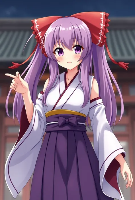 on new year&#39;s eve、 Kyoto Sanga F who works part-time as a shrine maiden at Yasaka-jinja Shrine.c. Please draw a two-dimensional anime-style beautiful girl character that is a supporter。
 The color of the pretty girls hair is purple and 、 has twin tails...