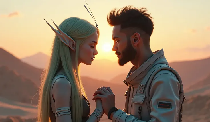 "An alien girl and a human man sitting together under the soft light of a distant planet, their hands almost touching, a moment of understanding and connection between them. The alien has unique features like glowing antennas and shimmering skin, while the...