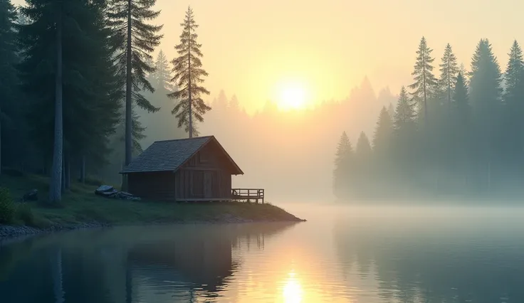 A serene lakeside cabin at dawn, surrounded by misty trees, with soft sunlight breaking through the clouds—pure tranquility