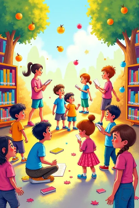 Create an elementary school s picture of colorful colors of short stories