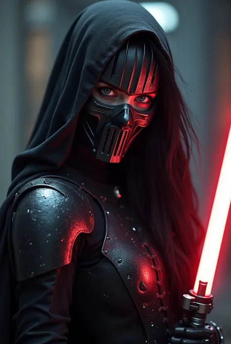 ((best quality)), photorealistic of woman with the Menacing darth mask as sith lord, Dark lord photorealism, Photorealistic, high resolution, Beautiful, White pale skin,wicked mysterious,epic Combat pose, looking at the camera, (Detailed face),black hair, ...