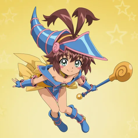 renkin_san-kyuu_magical_pokaan, official art, absurdres, anime screencap, anime coloring, Uma, brown hair, short hair, antenna hair, hairband, blush stickers, loli, flat chest, (dark magician girl (cosplay):1.3), flying, knees bent, windy, cleavage, solo, ...