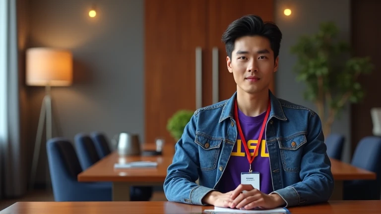 
a handsome Korean man is at a meeting table in a room, he is wearing a blue jeans jacket and he is wearing a purple t-shirt that says "LSU" and there is an ID card on a necklace with a red landyard