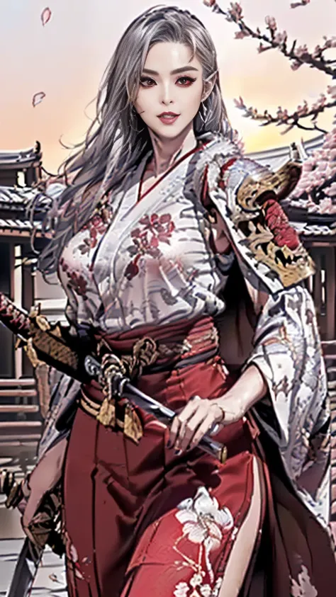 (best quality:2.0), (extremely detailed:2.0), (highly detailed:2.0),(Shirafuji, a beastfolk samurai woman, wearing traditional Eastern-style combat kimono adorned with dragon patterns and floral embroidery, with an elegant katana on her waist, exuding a no...