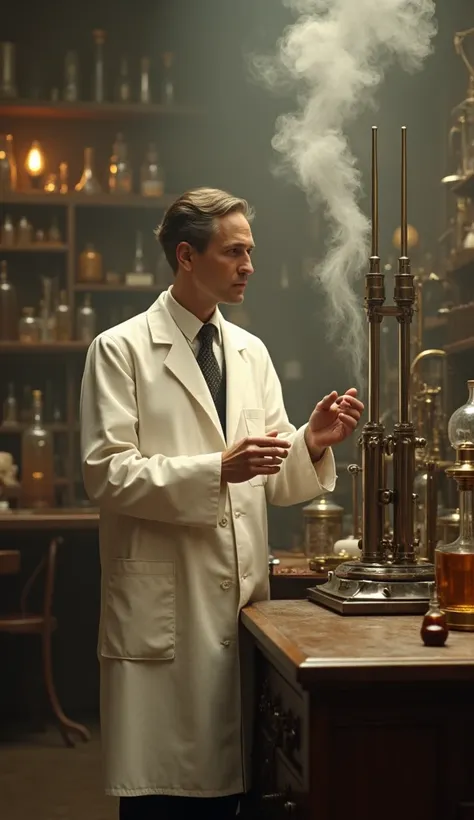 A 1920s laboratory scene with Leon Theremin standing next to his invention, the Theremin. The device has two antennas, and Leon’s hands hover near them, creating sound waves. The background is filled with vintage scientific equipment.