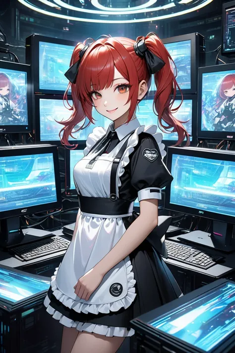 Chibi style maid with red hair and twin tails is surrounded by many holographic monitors in cyber space、Girl smiling、 cyberpunk、 realistic、
