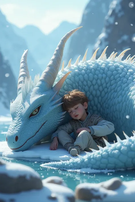 Boy sleeping next to Ice Dragon.