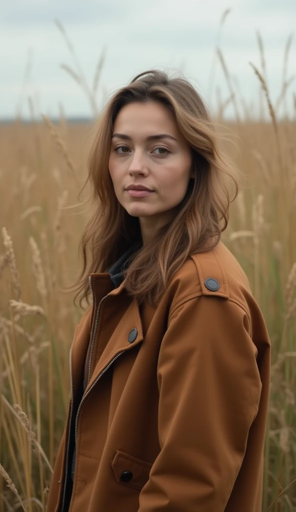 A 36-year-old woman in a brown jacket, standing in a field of tall grass.