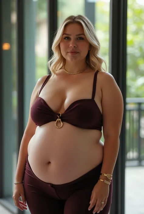 1girl,sorority girl,  elegant clothes , chubby, (double chin), chubby face, fat belly, ((busty)), large chest, blonde hair,  High quality real photo, big glass windows 