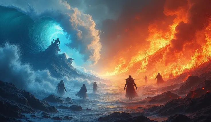 A fantastical scene portraying the eternal conflict between the fire and sea realms. On the left, the ocean kingdom shines in vibrant hues of sapphire and turquoise, with crystalline waves crashing and aquatic warriors commanding mythical sea creatures. On...