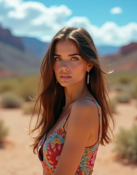 photograph of a beautiful woman, long brown hair, blue eyes, fair skin, wearing a colorful floral patterned dress, standing against a backdrop of a mountainous desert landscape, daytime, bright sunlight, clear blue sky with scattered clouds, mountains in t...