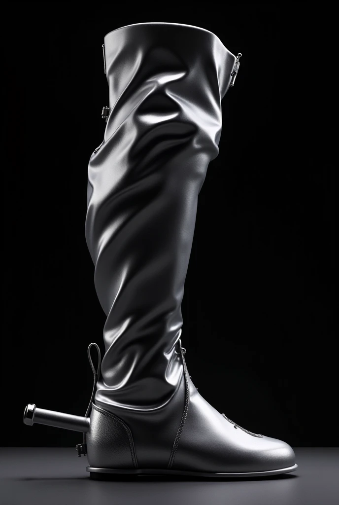 Silver leg armor model has a wavy, modern style, and has an exhaust pipe on the back of the foot. Looks formidable, no one is wearing it, the background is pitch black. 