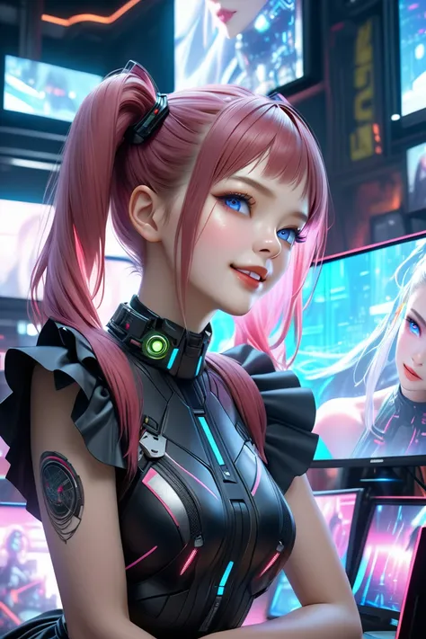 A cute maid with red twin tails hair in cyber space, surrounded by many holographic monitors, girl smiling, cyberpunk, realistic, (best quality,4k,8k,highres,masterpiece:1.2),ultra-detailed,(realistic,photorealistic,photo-realistic:1.3),cinematic lighting,...