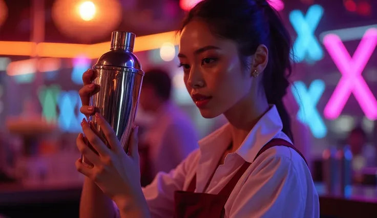 An Asian woman with elegant features, wearing a stylish bartender uniform, gracefully holding a cocktail shaker in both hands.
She is actively shaking the mixer, her expression focused and professional.
The scene is set in a vibrant neon-lit bar, with colo...