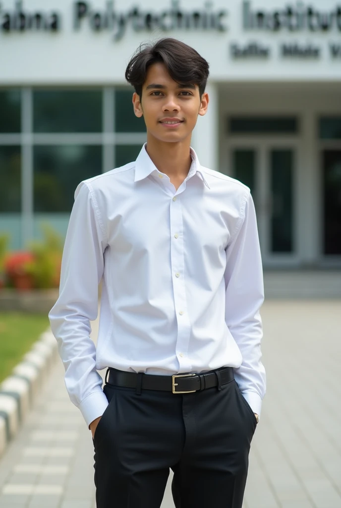 A smart 17-year-old college freshman white shirt, Black pants Photo wearing black shoes and Pabna Polytechnic Institute written in the background