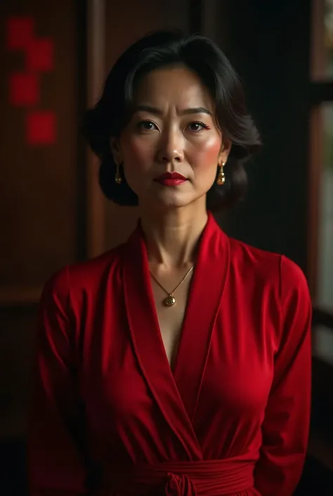 a middle-aged chinese woman,bdsm,red outfit,full body realistic photograph,photorealistic,high quality,detailed,beautiful detailed eyes,beautiful detailed lips,extremely detailed face,long eyelashes,elegant,seductive,mysterious,dramatic lighting,cinematic,...