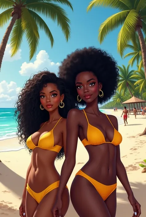 Generate an image of a dark black beautiful lady with curly hair and a dark black lady with afro straight hair on vacation on a beach with coconut trees and people in the background