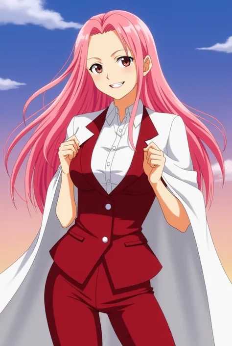 hina from anime one piece, long hair, beautiful pink hair, beautiful girl, perfect body, red lips, looking at the audience, smiling face, white shirt red vest red blazer red pants, white cape on shoulders, standing.