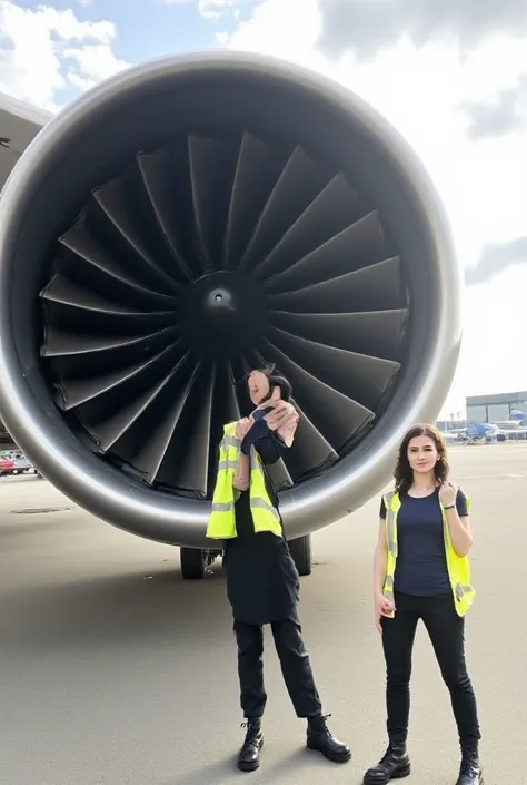 A hyper-realistic scene captures a young Turkish woman standing next to a colossal airplane engine on the tarmac of a large airfield. The engine, connected to the visible wing of the airplane, showcases its polished metallic surface reflecting soft, diffus...