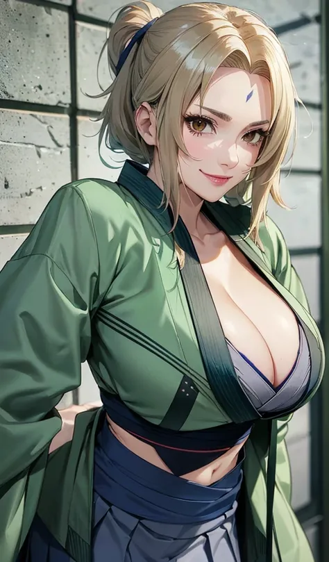 T5un4D3, marks,Tsunade, ((Gray kimono,Gray skirt、 Dark blue sash, The jacket is a green jacket))、8k, 1girl in, solo,cleavage of the breast,(​masterpiece:1.4),(Top image quality:1.4),(glowy skin),Tsunade_shadow、A smile、Big thighs、big ass, huge bust