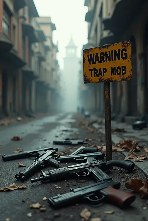 A street with guns on the ground and a sign written Trap mob