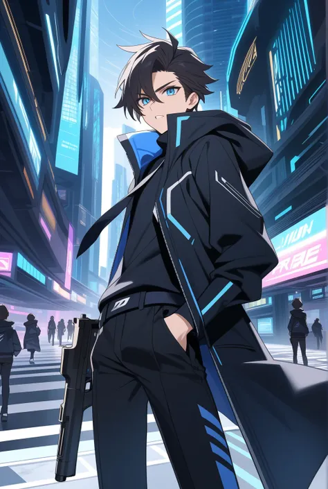 A cool young man with blue eyes on black runs through a futuristic city with a gun