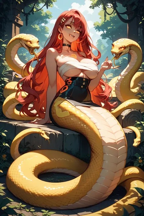 Female lamia girl, wearing only chest wrapping, full body, red lower half snake body, big breasts, curvy body, very long red hair, bright glowing yellow snake eyes, deep in the woods, viper fangs,