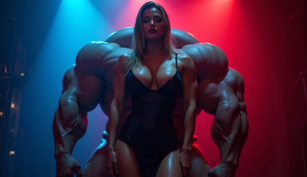 Extremely muscular woman model, with exaggerated and fully defined musculature, showcasing immense strength and femininity.The scene takes place under dim blue and red lighting that accentuates the shadows and contours of her massive, sculpted physique. Th...