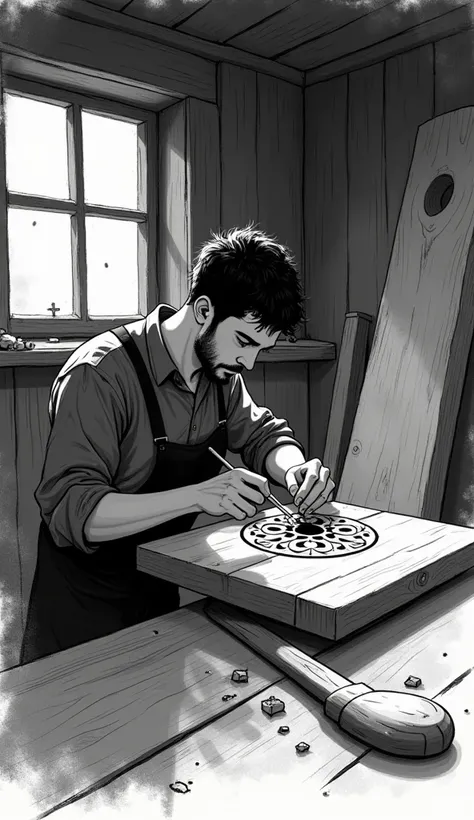 Carpenter working with wood, black ink, wash style animation