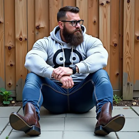 
The image is a photograph of a man sitting with legs spread on the ground with his back against a wooden fence. The man has a robust, heavily muscled physique with exaggeratedly large biceps, triceps, pectorals and legs and a full beard with short, neatly...