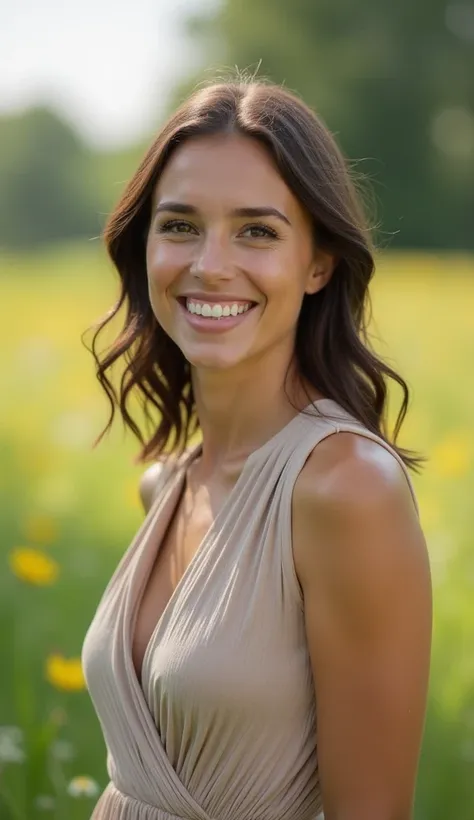 A 35-year-old woman with a bright smile, dressed in a high-neck dress, standing in a meadow.