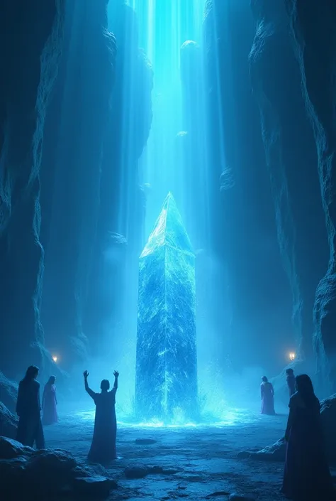 A mystical room where time is frozen, with people turned into stone statues mid-action, surrounded by an ethereal blue glow and a floating crystal at the center." Captain America apni shild se crystal todte hue
3d