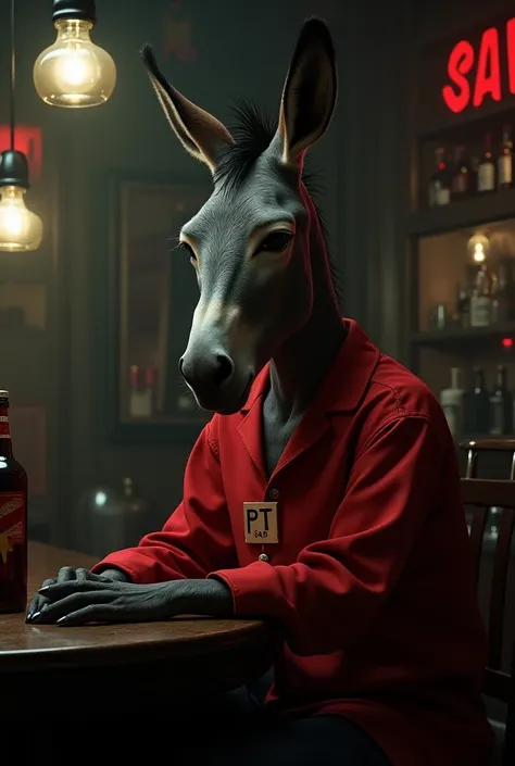 Donkey in a red blouse with the name PT sad at the bar