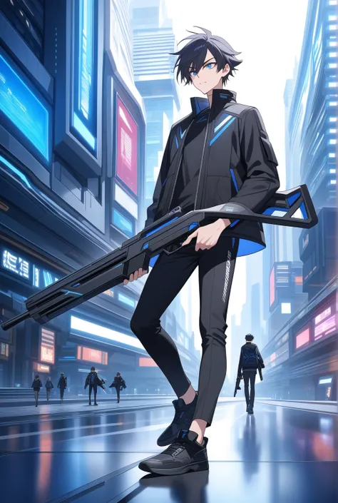 A cool young man with blue eyes on black runs through a futuristic city with a gun 全体像は　 wearing black shoes 　二丁拳銃の使い手