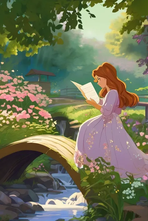 Scene description:  Sofia walks through a secret garden in the morning ,  with flowers surrounding it and a stream in the background . She holds a letter in her hand ,  as she seems to contemplate what is written .

Prompt para Imagem:
"a 29 year old woman...