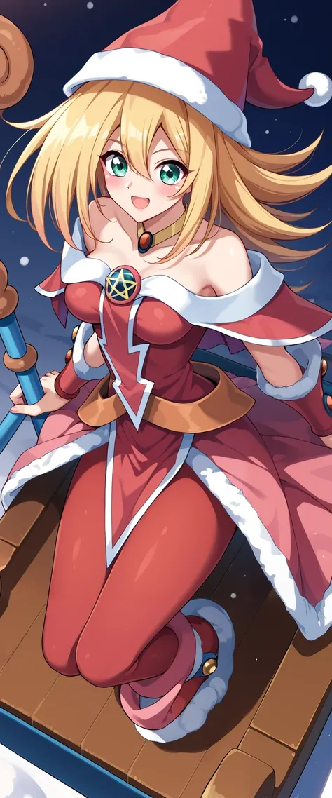 (UHD, best quality, high resolution icon), 1 girl 23 years old.  dark magician girls. long, blonde, fluffy hair pulling a sleigh, bushy eyebrows, smile, Santa Claus clothes with a miniskirt, a staff in his hands, ソリを引いている. Toma cuerpo completo. Ella está d...