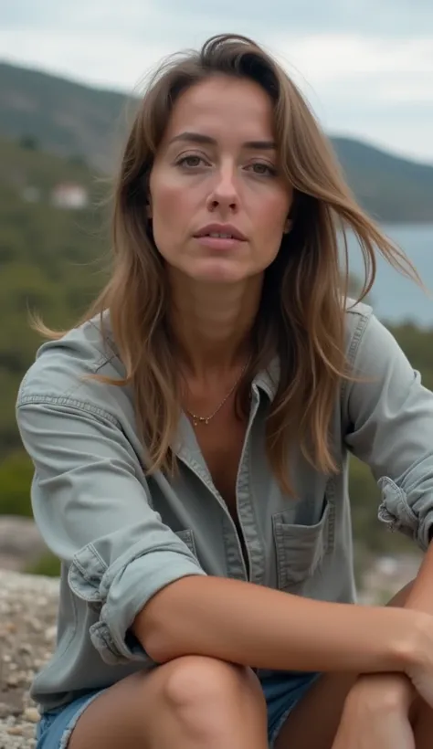 A 35-year-old woman with minimal makeup, dressed in a casual shirt, sitting on a rock in nature.