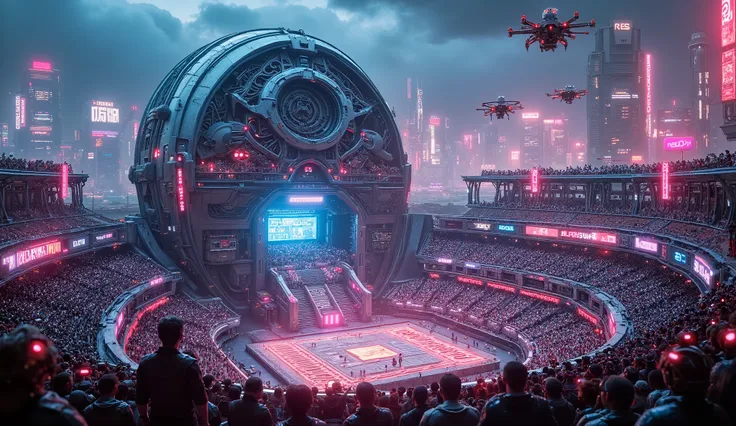 realistic futuristic roman colosseum, floating above neon-lit cityscape, holographic banners, massive crowds cheering in high-tech seats, glowing drones hovering above, 8k, highly detailed, photorealistic, cinematic lighting, vibrant colors, dramatic compo...