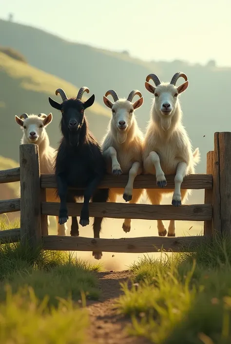 The goats leap over the fence