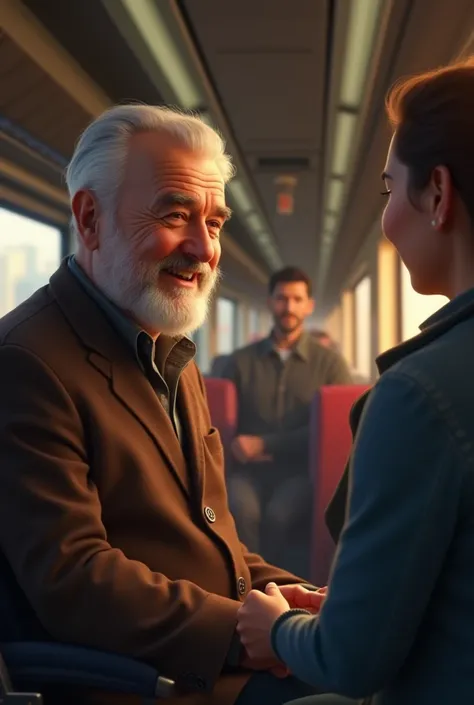  While they are on the train, a picture shows the father smiling, with another person approaching him.