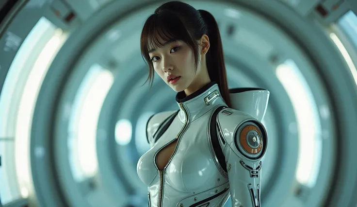 Cute Japanese Idol、Doesn&#39;t look like Korean、No Korean characteristics、photograph、Actual item、Cinematic Light、Lomography 、Film Camera、A 20-year-old with a like face、Being thin、A well-trained body、She wears a futuristic and sexy space suit that accentuat...