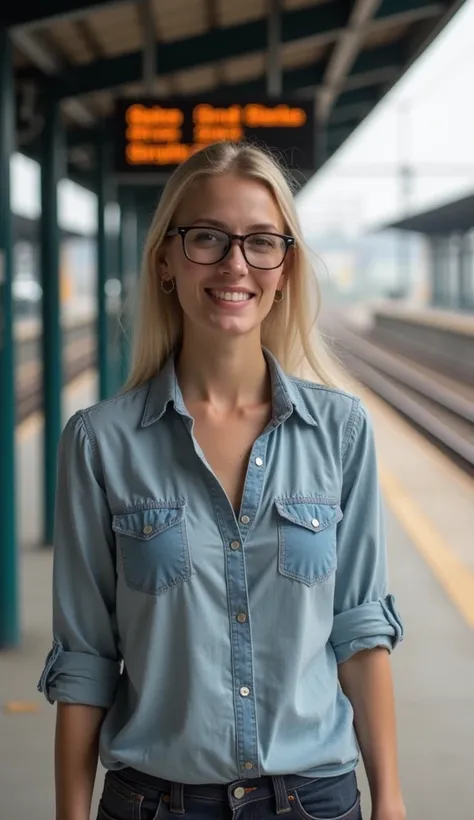 A 37-year-old woman wearing glasses, dressed in a casual shirt, standing by a train station.