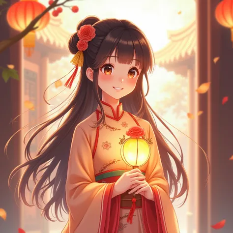 a cute beautiful woman smiling , wearing chinese costumes , tay cầm kẹo hồ lô ,  anime style 