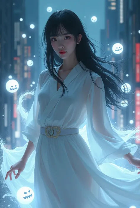 Whole body expression、 Japanese、、Super beautiful girl、 black hair long hair 、 has bangs aligned above the eyebrows 、 white ghosts fly around to protect the central figure、Ghosts are shaped like white balls 、 Ghosts have eyes and mouths 、The background is a...