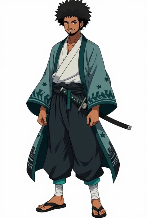 Kimetsu no Yaiba-style, best quality, 0.8. A young adult Black man with a flat top, curly black hair, and a full beard and mustache. He has orange eyes and a cheerful, heroic expression, yet his face also reflects quiet determination. He wears a traditiona...