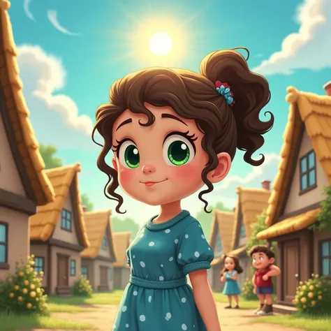 "Illustration of a small village with thatched-roof cottages, and the sun shining brightly above. A  with sparkling green eyes and curly brown hair in a ponytail is standing in her cozy blue dress with white polka dots, looking curious and thoughtful. Vill...